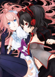 Rule 34 | 2girls, black hair, blue eyes, bow, breast pillow, breasts, elbow gloves, gloves, hair ornament, long hair, lying, megurine luka, multiple girls, necktie, on side, pink hair, pupps, red eyes, thighhighs, twintails, vocaloid, zatsune miku