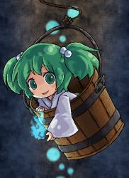 Rule 34 | 1girl, bucket, female focus, green eyes, green hair, hair bobbles, hair ornament, in bucket, in container, japanese clothes, kimono, kisume, magic, matching hair/eyes, pixel art, pote (ptkan), short hair, smile, solo, touhou, twintails