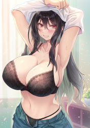 Rule 34 | 1girl, armpits, black bra, black hair, black panties, blue pants, bra, breasts, colored inner hair, commentary request, green hair, hair between eyes, highres, himamo, indoors, large breasts, long hair, looking at viewer, mature female, multicolored hair, navel, open fly, original, panties, pants, red eyes, shirt, smile, solo, sweat, two-tone hair, unbuttoned, underwear, undressing, white shirt