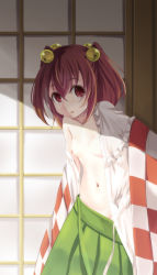 Rule 34 | 1girl, bell, breasts, buttons, checkered clothes, checkered kimono, green skirt, hair bell, hair ornament, highres, japanese clothes, jingle bell, kimono, leaning forward, looking at viewer, medium hair, motoori kosuzu, mukai, navel, nipples, no bra, no panties, pleated skirt, red eyes, red hair, shadow, skirt, sliding doors, small breasts, solo, standing, touhou
