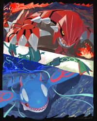 Rule 34 | black sclera, blue skin, claws, colored sclera, colored skin, creatures (company), eruption, fire, game freak, gen 3 pokemon, green skin, groudon, highres, kochi8i, kyogre, legendary pokemon, nintendo, no humans, open mouth, outdoors, pokemon, pokemon (creature), rayquaza, red skin, sharp teeth, spikes, standing, teeth, underwater, water, white skin, yellow eyes