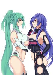 Rule 34 | 2girls, absurdres, bare shoulders, blue hair, breast press, breasts, cleavage, cleavage cutout, clothing cutout, earrings, elbow gloves, from side, gloves, green hair, green heart (neptunia), hair between eyes, hair ornament, high ponytail, highres, iris heart, jewelry, kami jigen game neptune v, large breasts, leotard, long hair, looking at another, multiple girls, neptune (series), pink eyes, ponytail, power symbol, power symbol-shaped pupils, purple eyes, simple background, symbol-shaped pupils, symmetrical docking, thighhighs, very long hair, white background, zatsu