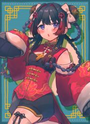Rule 34 | 1girl, black hair, black shorts, blush, bow, braid, braided hair rings, chinese clothes, cloud print, detached sleeves, double bun, dress, floral print, gradient hair, hair bun, hair rings, highres, long hair, long sleeves, looking at viewer, multicolored hair, nijisanji, official alternate costume, open mouth, purple eyes, red dress, red hair, shorts, sleeves past fingers, sleeves past wrists, solo, standing, tsukino mito, tsukino mito (china dress), twin braids, uminokaisen, virtual youtuber, white bow, wide sleeves