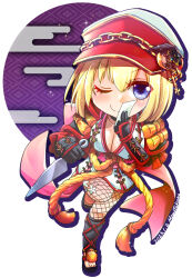 Rule 34 | 1girl, armor, black gloves, blonde hair, blue eyes, blush, breasts, chibi, cleavage, clock hat ornament, closed mouth, commentary request, dagger, dated, egasumi, fishnet pantyhose, fishnets, full body, geta, gloves, hat, highres, holding, holding dagger, holding knife, holding weapon, japanese armor, knife, kunai, large breasts, looking at viewer, oboro (ragnarok online), one eye closed, pantyhose, peaked cap, ragnarok online, red hat, rope, shimenawa, short hair, shoulder armor, signature, smile, socks, sode, solo, standing, standing on one leg, takaha momo, vambraces, weapon, white background, white socks