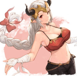 Rule 34 | 1girl, aliza (granblue fantasy), bad id, bad pixiv id, bandaged arm, bandages, bare shoulders, braid, breasts, collarbone, commentary request, covered erect nipples, granblue fantasy, grey hair, groin, hair ribbon, headpiece, highres, horns, koretsuki azuma, large breasts, long hair, navel, pointy ears, red eyes, ribbon, single braid, solo, tank top