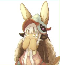 Rule 34 | 1other, ambiguous gender, animal ears, bad id, bad pixiv id, covering own mouth, furry, kawasemi27, long hair, looking away, made in abyss, nanachi (made in abyss), simple background, tail, tearing up, upper body, white background, white hair, yellow eyes