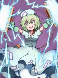Rule 34 | 1girl, :d, aqua shirt, aqua skirt, breasts, commentary request, electricity, ghost tail, green eyes, green hair, holding, looking at viewer, medium breasts, medium hair, nikori, open mouth, shirt, short sleeves, skirt, skirt set, smile, soga no tojiko, solo, symbol-shaped pupils, teeth, touhou, touhou lostword, upper teeth only, v-shaped eyebrows, wavy hair