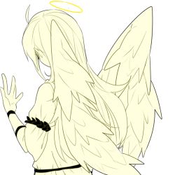 Rule 34 | 1boy, afuro terumi, angel wings, bad id, bad pixiv id, from behind, halo, inazuma eleven, inazuma eleven (series), long hair, lowres, male focus, monochrome, simple background, solo, uni (ieatpockey), white background, wings, yellow theme