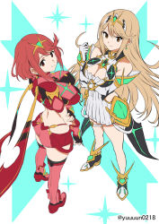 Rule 34 | 2girls, blonde hair, breasts, cleavage, cleavage cutout, clothing cutout, jewelry, large breasts, long hair, miniskirt, multiple girls, mythra (xenoblade), pyra (xenoblade), red eyes, red hair, short hair, shorts, skindentation, skirt, thighhighs, white background, xenoblade chronicles (series), xenoblade chronicles 2, yellow eyes, yuuuun0218