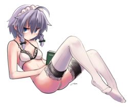 Rule 34 | 1girl, ahoge, bare arms, bare shoulders, blue eyes, blush, boa (brianoa), book, bow, bra, braid, breasts, closed mouth, green bow, grey hair, hair between eyes, hair bow, halterneck, holding, holding book, izayoi sakuya, leaning back, looking at viewer, maid headdress, panties, signature, small breasts, solo, thighhighs, touhou, transparent background, underwear, underwear only, white bra, white panties, white thighhighs