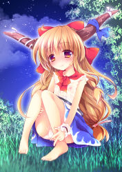 Rule 34 | 1girl, barefoot, blush, bow, brown eyes, brown hair, covered erect nipples, enjoy mix, flat chest, hair bow, horn ornament, horn ribbon, horns, ibuki suika, long hair, nipples, panties, pink panties, ribbon, see-through, sitting, solo, sweat, touhou, underwear, very long hair, white panties