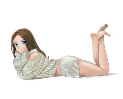 Rule 34 | 1girl, absurdres, blue eyes, brown eyes, conejologia, feet, highres, long hair, looking at viewer, lying, on stomach, original, smile, soles, solo, toes, white background