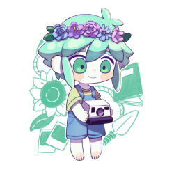 Rule 34 | 1boy, antenna hair, banka (200009813), barefoot, basil (headspace) (omori), basil (omori), blue flower, blue overalls, book, buttons, camera, closed mouth, colored skin, deformed, flower, full body, green eyes, green hair, green shirt, hair between eyes, head wreath, holding, holding camera, leaf, looking at object, omori, outline, overall shorts, overalls, photo (object), pink flower, purple flower, rope, shirt, short hair, short sleeves, shovel, smile, solo, standing, sunflower, white background, white outline, white skin