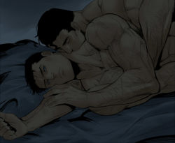 Rule 34 | 2boys, arm hair, bara, batman, batman (series), bed, black hair, bruce wayne, clark kent, closed mouth, couple, dc comics, closed eyes, hand on another&#039;s arm, kiss, kissing neck, looking at another, lying, male focus, multiple boys, muscular, muscular male, nakadoori, nude, on bed, on side, short hair, sideburns, superman, superman (series), upper body, yaoi