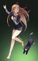 Rule 34 | 1girl, ahoge, animal, barefoot, black-framed eyewear, black cat, black shirt, black shorts, blue eyes, cat, commentary request, full body, glasses, green background, long hair, looking at another, looking at viewer, morgana (persona 5), orange hair, persona, persona 5, pppppknw, purple eyes, sakura futaba, shirt, short shorts, shorts, simple background, sweatdrop, toes, twitter username