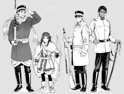 Rule 34 | 1girl, 3boys, adjusting clothes, adjusting headwear, ainu, ainu clothes, arisaka, arm up, asirpa, bandana, belt, black belt, black eyes, black footwear, black hair, black pants, bolt action, boots, bow (weapon), buttons, cape, closed mouth, coat, collared jacket, commentary request, dark-skinned male, dark skin, ear piercing, earrings, facial hair, facial scar, full body, fur cape, golden kamuy, grey background, greyscale, gun, hat, height difference, holding, holding bow (weapon), holding gun, holding sword, holding weapon, hood, hooded coat, hoop earrings, imperial japanese army, jacket, jewelry, kepi, koito otonoshin, long hair, long sleeves, looking at viewer, military, military hat, military uniform, monochrome, multiple boys, pants, parted bangs, parted lips, piercing, pocket, pouch, rifle, scar, scar on cheek, scar on face, scar on nose, scarf, sheath, sheathed, short hair, simple background, smile, standing, star (symbol), stubble, sugimoto saichi, sword, tr (lauralauraluara), translation request, tsukishima hajime, uniform, weapon, white cape, white coat, white footwear, white jacket