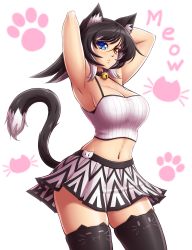 Rule 34 | 1girl, :3, :d, ^ ^, absurdres, animal ear legwear, animal ears, armpits, arms behind head, arms up, badge, bell, black hair, black thighhighs, blue eyes, breasts, button badge, cat ear legwear, cat ears, cat girl, cat lingerie, cat tail, choker, cleavage, closed eyes, colored eyelashes, contrapposto, covered erect nipples, cowboy shot, crop top, english text, eyebrows, heterochromia, highres, hip focus, jingle bell, large breasts, looking at viewer, mazume, meme attire, midriff, miniskirt, multicolored hair, navel, neck bell, open mouth, orange eyes, original, paw print, pin, pleated skirt, print skirt, shiny skin, shirt, short hair, skindentation, skirt, sleeveless, smile, solo, spaghetti strap, standing, tail, taut clothes, taut shirt, thighhighs, two-tone hair, white background, white hair, white skirt, yellow eyes, zettai ryouiki