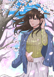 Rule 34 | 1girl, absurdres, artist name, blue jacket, brown hair, cherry blossoms, day, grey eyes, hand up, highres, jacket, jacket on shoulders, long hair, long neck, original, outdoors, ribbed shirt, shirt, skirt, spring (season), standing, tree, wheather, white skirt, wind, yellow shirt