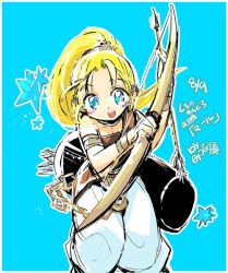 Rule 34 | 1girl, arrow (projectile), blonde hair, blue eyes, bow (weapon), chain, chrono trigger, dated, jewelry, long hair, marle (chrono trigger), mituna y (sa-po), open mouth, ponytail, simple background, smile, solo, star (symbol), weapon
