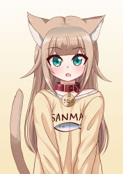 Rule 34 | 1girl, :o, absurdres, animal collar, animal ears, blunt bangs, blush, cat ears, cat girl, collar, fang, gradient background, green eyes, highres, kinako (40hara), long hair, looking at viewer, original, red collar, shirt, skin fang, solo, straight-on, the only shoe, upper body, white background, yellow background, yellow shirt