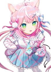 Rule 34 | 1girl, absurdres, animal ear fluff, animal ears, asdge23, blue necktie, blue skirt, blush, bright pupils, cat ears, cat girl, fangs, frilled sailor collar, frills, green eyes, hair ornament, highres, long hair, necktie, nijisanji, nijisanji kr, open mouth, pantyhose, pink hair, pink sailor collar, pleated skirt, rabbit hair ornament, sailor collar, skirt, sleeves past fingers, sleeves past wrists, solo, twintails, virtual youtuber, white pantyhose, white pupils, x hair ornament, yang nari, yang nari (3rd costume)