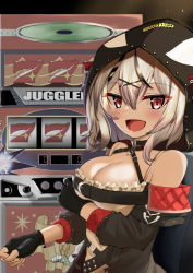 1girl belt black_gloves black_jacket blush breasts cleavage commission fang fingerless_gloves gloves hair_between_eyes highres hololive hood jacket jiseki_rena multicolored_hair open_clothes open_jacket open_mouth pixiv_commission red_eyes sakamata_chloe slot_machine smile solo two-tone_hair virtual_youtuber