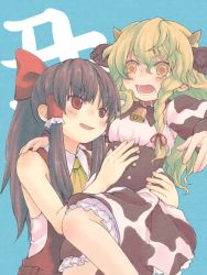 Rule 34 | &gt;:), 2girls, alternate costume, animal ears, animal print, ascot, bell, blonde hair, blush, braid, brown hair, collar, collared dress, collared shirt, commentary request, cow ears, cow girl, cow horns, cow print, cowbell, d:, dress, hair ribbon, hair tubes, hakurei reimu, hand on another&#039;s stomach, hat, highres, holding person, horns, juliet sleeves, karioda, kirisame marisa, long hair, long sleeves, multiple girls, no headwear, nontraditional miko, open mouth, ponytail, puffy sleeves, red eyes, red headwear, red ribbon, ribbon, shirt, side braid, sleeveless, sweatdrop, touhou, underskirt, yellow ascot, yellow eyes, yuri