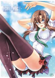 Rule 34 | 00s, 1girl, ass, black thighhighs, blue eyes, breasts, brown hair, covered erect nipples, evangelion: 2.0 you can (not) advance, glasses, highres, impossible clothes, impossible shirt, kaishaku, large breasts, long hair, makinami mari illustrious, narrow waist, necktie, neon genesis evangelion, open mouth, panties, rebuild of evangelion, school uniform, shirt, solo, striped clothes, striped panties, thighhighs, underwear