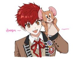 Rule 34 | 1boy, bad id, bad twitter id, brown eyes, brown jacket, buried stars, hair between eyes, hand puppet, highres, jacket, jerry (tom and jerry), long sleeves, male focus, monza (saeumon), open mouth, puppet, red hair, red neckwear, seo hyesung, simple background, solo, sweater vest, tom and jerry, upper body, white background