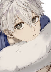 Rule 34 | 1boy, blue lock, bright pupils, closed mouth, commentary request, grey eyes, hair between eyes, looking at viewer, male focus, nagi seishirou, nori20170709, hugging object, pillow, pillow hug, short hair, solo, twitter username, white background, white hair, white pupils
