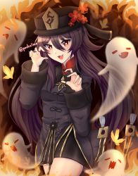 Rule 34 | 1girl, :3, :d, absurdres, black hair, black shorts, chinese clothes, commentary request, fang, flower, genshin impact, ghost, ghost pose, hair between eyes, hat, hat flower, hat ornament, highres, hu tao (genshin impact), jewelry, long hair, long sleeves, looking at viewer, open mouth, pochaimo, red eyes, ring, shorts, sidelocks, smile, symbol-shaped pupils, twintails, twitter username