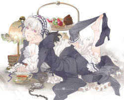 Rule 34 | 00s, 1girl, barefoot, boots, cake, food, frills, fruit, grin, hairband, head rest, high heels, highres, kiwi (fruit), lips, lolita hairband, long hair, moruga, pink eyes, pocket watch, rozen maiden, shoe dangle, shoes, silver hair, single shoe, smile, solo, strawberry, suigintou, watch, wings