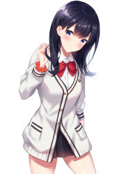 Rule 34 | 10s, 1girl, absurdres, bad id, bad pixiv id, black hair, black skirt, blush, bow, cardigan, cocona, collared shirt, commentary request, cowboy shot, dress shirt, fingernails, gridman universe, hair between eyes, head tilt, highres, holding, holding own hair, long hair, long sleeves, looking at viewer, orange scrunchie, pleated skirt, purple eyes, red bow, scrunchie, shirt, simple background, skirt, solo, ssss.gridman, takarada rikka, white background, white cardigan, white shirt, wrist scrunchie