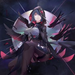 Rule 34 | 1girl, absurdres, bird, black bodysuit, black cape, black hair, bodysuit, breasts, cape, closed mouth, feathers, highres, honkai (series), honkai impact 3rd, invisible chair, looking at viewer, medium hair, mole, mole under mouth, onshigou, purple eyes, raven (honkai impact), sitting, solo