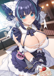 Rule 34 | 1girl, :3, animal ears, azur lane, bare shoulders, black hair, blue eyes, blurry, breasts, cake, cake slice, cat ears, cheshire (azur lane), cleavage, closed mouth, depth of field, detached sleeves, dress, fake animal ears, food, frilled dress, frills, headdress, highres, large breasts, looking at viewer, multicolored hair, neck ribbon, ribbon, short hair, smile, solo, streaked hair, translated, two-tone dress, two-tone hair, white dress, wing collar, wrist cuffs, xe (execut3r)
