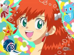 Rule 34 | 1girl, bubble, creatures (company), earrings, game freak, gen 1 pokemon, goldeen, green eyes, hair ornament, horsea, jewelry, long hair, looking at viewer, mermaid, mermaid costume, mermaid misty (pokemon), misty (pokemon), monster girl, necklace, nintendo, orange hair, pokemon, pokemon (anime), pokemon (classic anime), poliwag, seashell, shell, staryu, swimsuit, underwater, water