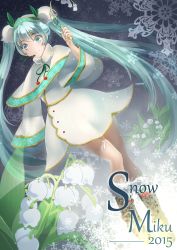 Rule 34 | 10s, 1girl, 2015, absurdres, aqua eyes, aqua hair, bad id, bad pixiv id, boots, capelet, character name, flower, hatsune miku, headset, highres, knee boots, lily of the valley, long hair, namari (angelaqxi), smile, snowflake print, snowflakes, snowing, solo, twintails, very long hair, vocaloid, yuki miku