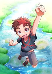 Rule 34 | 1boy, blue shirt, brown hair, child, clenched hands, commentary request, day, from above, grass, highres, jail black, jumping, looking at viewer, looking up, lower teeth only, male focus, multicolored hair, open mouth, original, outdoors, outstretched arm, red eyes, red hair, rock, shirt, shoes, shorts, smile, sneakers, solo, stream, teeth, two-tone hair, watch, water, wrinkled fabric, wristwatch