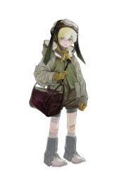 Rule 34 | 1girl, bag, bandaged leg, bandages, bandaid, blonde hair, blue eyes, closed mouth, full body, gloves, goggles, goggles on head, grey sweater, highres, hood, hood down, kichiya, long sleeves, looking at viewer, neckerchief, original, short hair, simple background, standing, sweater, white background, yellow gloves, yellow neckerchief