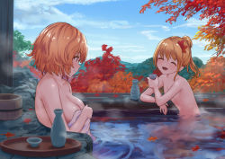 Rule 34 | 2girls, :d, ^ ^, aki minoriko, aki shizuha, alternate hairstyle, autumn leaves, blonde hair, blue sky, blush, breasts, bucket, choko (cup), closed eyes, cloud, commentary request, convenient arm, cup, day, flat chest, from side, hair between eyes, hair ornament, hand up, head tilt, holding, holding cup, holding towel, leaf hair ornament, looking at another, medium breasts, mountain, multiple girls, nude, onsen, open mouth, outdoors, partially submerged, ponytail, profile, red eyes, rock, roke (taikodon), short hair, siblings, sisters, sky, smile, steam, tokkuri, touhou, towel, tree, upper body, water, wooden bucket