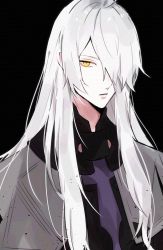 Rule 34 | 1boy, black background, capelet, cross, fate/grand order, fate (series), galahad (fate), galahad alter, hair over one eye, highres, long hair, looking at viewer, male focus, simple background, upper body, white hair, yellow eyes