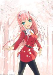 Rule 34 | 10s, 1girl, black pantyhose, cherry blossoms, cowboy shot, darling in the franxx, dated, green eyes, hairband, horns, long hair, looking at viewer, open mouth, pantyhose, petals, pink hair, school uniform, smile, solo, straight hair, tree, twitter username, watsuki ayamo, white hairband, zero two (darling in the franxx)