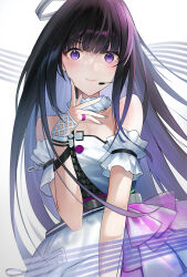 Rule 34 | absurdres, bare shoulders, black hair, closed mouth, dress, for-miku, girls&#039; frontline neural cloud, halo, highres, jewelry, long hair, microphone, nanaka (neural cloud), purple eyes, ring, very long hair, white dress