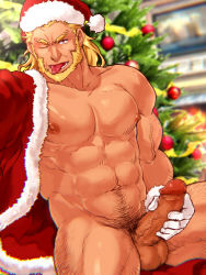 Rule 34 | 1boy, abs, bara, beard, blonde hair, christmas, erection, facial hair, gloves, hana (artist), hand on penis, looking at viewer, male focus, muscular, pectorals, penis, penis grab, solo, testicles, the end of dreams, tongue, tongue out, undressing