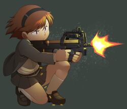 Rule 34 | 1girl, bleedman, bob cut, brown eyes, brown footwear, brown hair, bullpup, commentary, english commentary, firing, full body, green background, grey jacket, grey skirt, gun, gunslinger girl, hairband, henrietta (gunslinger girl), holding, holding gun, holding weapon, jacket, loafers, long sleeves, muzzle flash, on one knee, open clothes, open jacket, p90, personal defense weapon, pleated skirt, shell casing, shirt, shoes, short hair, simple background, skirt, socks, solo, submachine gun, v-shaped eyebrows, weapon, white shirt