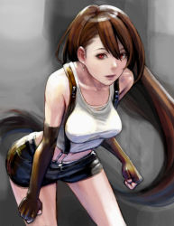 Rule 34 | 1990s (style), 1girl, adapted costume, bare shoulders, belt, bent over, breasts, brown gloves, brown hair, clenched hands, collarbone, crop top, earrings, elbow gloves, expressionless, female focus, final fantasy, final fantasy vii, fingerless gloves, gloves, grey background, hair between eyes, hand on thigh, jewelry, leaning forward, legs, lips, long hair, long image, looking at viewer, midriff, miniskirt, mujiha, navel, parted lips, pencil skirt, red eyes, retro artstyle, shirt, short shorts, shorts, skirt, solo, standing, suspender skirt, suspenders, tall image, tank top, taut clothes, taut shirt, thigh gap, thighs, tifa lockhart, very long hair, white shirt