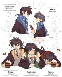 Rule 34 | ..., 1girl, 4boys, alcohol, annoyed, arm around shoulder, beer, beer mug, black coat, black hair, blue necktie, blue scarf, blush, book, braid, braided ponytail, broken heart, character name, closed eyes, coat, collared shirt, cosplay, crying, crying with eyes open, cup, drinking glass, drunk, eye contact, fang, green necktie, gryffindor, happy, heart, hetero, hibiki ryouga, highres, hogwarts school uniform, holding, holding book, holding cup, hufflepuff, imagining, kumon ryuu, long hair, long sleeves, looking at another, looking at viewer, looking away, mug, multiple boys, necktie, nose blush, open mouth, ponytail, profile, ranma 1/2, ravenclaw, red necktie, sad, saotome ranma, scarf, school uniform, shared thought bubble, shinnosuke (ranma 1/2), shirt, short hair, single braid, siyer (siyeyeyeyer), slytherin, spoken ellipsis, striped clothes, striped necktie, striped scarf, sweatdrop, tears, tendou akane, thought bubble, upper body, white background, white shirt, yellow necktie