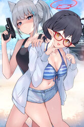 Rule 34 | 2girls, absurdres, animal ear fluff, animal ears, ayane (blue archive), ayane (swimsuit) (blue archive), beach, bikini, black hair, black one-piece swimsuit, blue archive, blue bikini, blue eyes, blue halo, blue shorts, blush, breasts, cleavage, collarbone, competition swimsuit, cross hair ornament, day, extra ears, glasses, grey hair, gun, hair ornament, halo, highres, holding, holding gun, holding weapon, jacket, long sleeves, medium breasts, medium hair, mi taro333, mismatched pupils, multiple girls, navel, ocean, official alternate costume, one-piece swimsuit, open clothes, open jacket, open mouth, outdoors, pointy ears, red-framed eyewear, red halo, shaded face, shiroko (blue archive), shiroko (swimsuit) (blue archive), short hair, shorts, smile, striped bikini, striped clothes, swimsuit, weapon, white jacket, wolf ears, yellow eyes