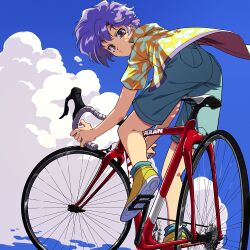 Rule 34 | 1990s (style), 1girl, androgynous, aqua shorts, aqua socks, bicycle, blue sky, brown eyes, closed mouth, cloud, collared jacket, curtained hair, day, denim, denim shorts, floating clothes, from behind, highres, jacket, knee up, leaf print, leaning, leaning forward, light frown, looking back, open clothes, open jacket, original, outdoors, perspective, pocket, purple trim, raised eyebrows, retro artstyle, riding, riding bicycle, shoe soles, short-sleeved jacket, short hair, short sleeves, shorts, sky, socks, solo, sunlight, tomboy, yellow footwear, yellow jacket, yo-co