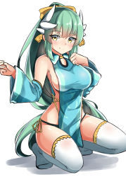 Rule 34 | 1girl, absurdres, adapted costume, bare shoulders, black panties, blue dress, blue sleeves, blush, bow, breasts, closed mouth, detached sleeves, dragon horns, dress, fate/grand order, fate (series), green hair, hair bow, hands up, high ponytail, highres, horns, kiyohime (fate), large breasts, long hair, long sleeves, moyoron, panties, ponytail, shadow, side-tie panties, sidelocks, simple background, sleeveless, sleeveless dress, smile, solo, squatting, thighhighs, underwear, very long hair, white background, white thighhighs, wide sleeves, yellow bow, yellow eyes